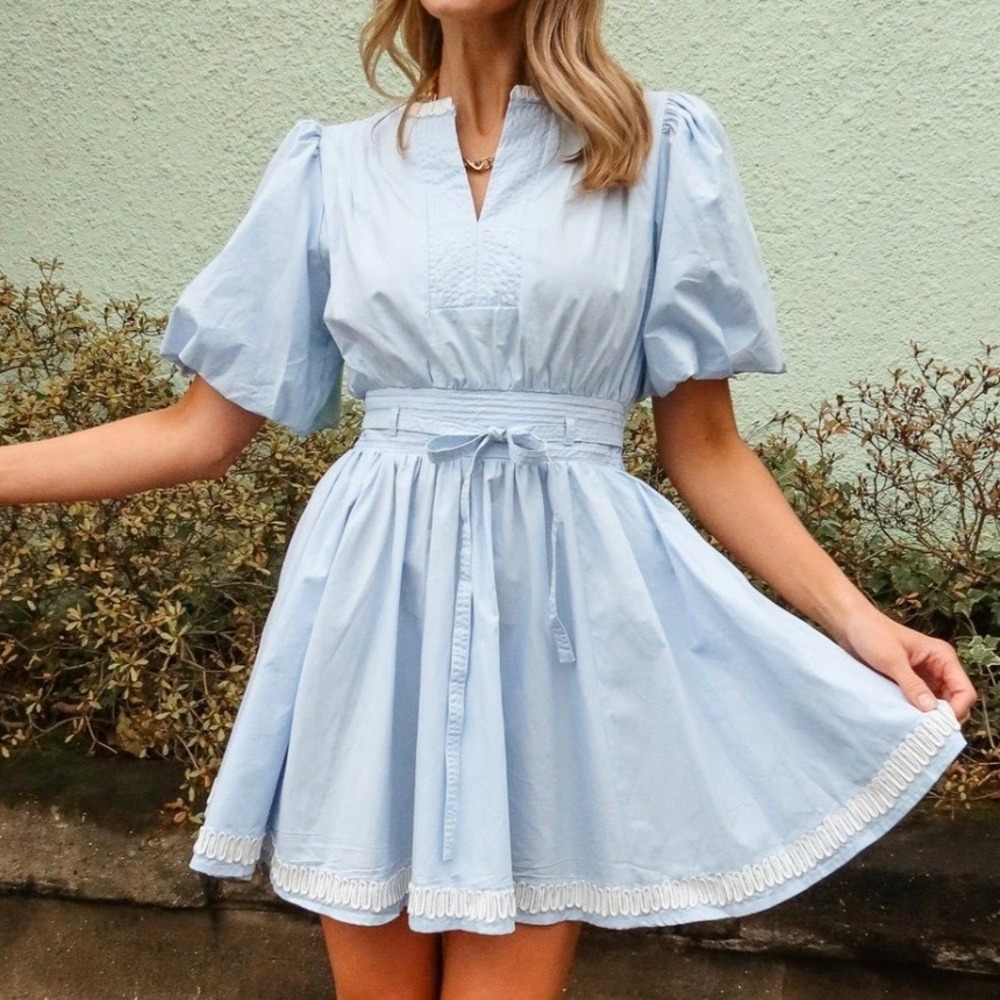New Bohme Light Blue Trim Puff Sleeve Mini Dress Smocked Waist XL(belt missing)
